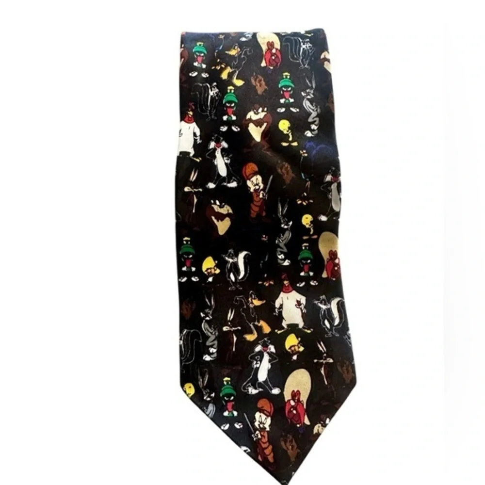 Vtg Looney Tunes Mania All Over Graphic Tie - Black